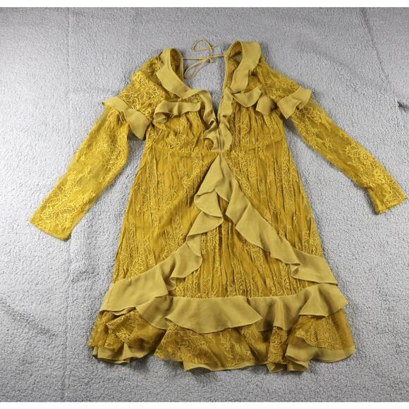 For Love & Lemons Dress Large Daphne Lace Mini Chartreuse Zip Up Lace Lined - Picture 2 of 9